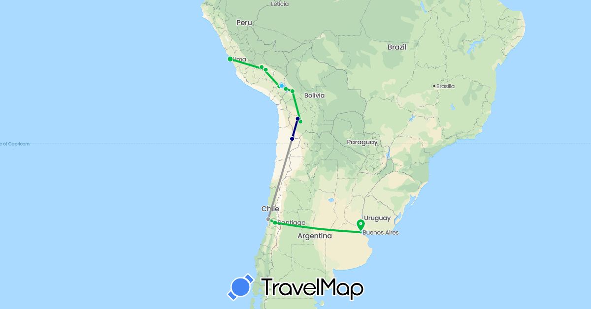 TravelMap itinerary: driving, bus, plane, boat in Argentina, Bolivia, Chile, Peru (South America)
